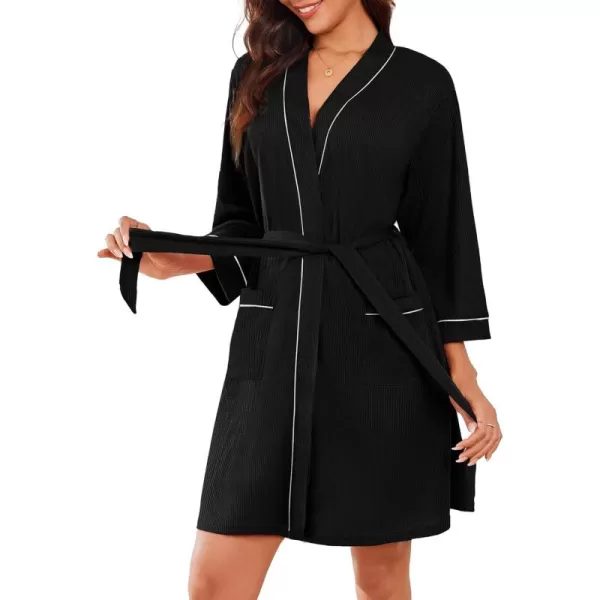 imageEkouaer Women Robes Waffle Knee Length Bathrobe Lightweight Soft Sleepwear V neck 34 Sleeve Casual Ladies Loungewear SXXLBlack