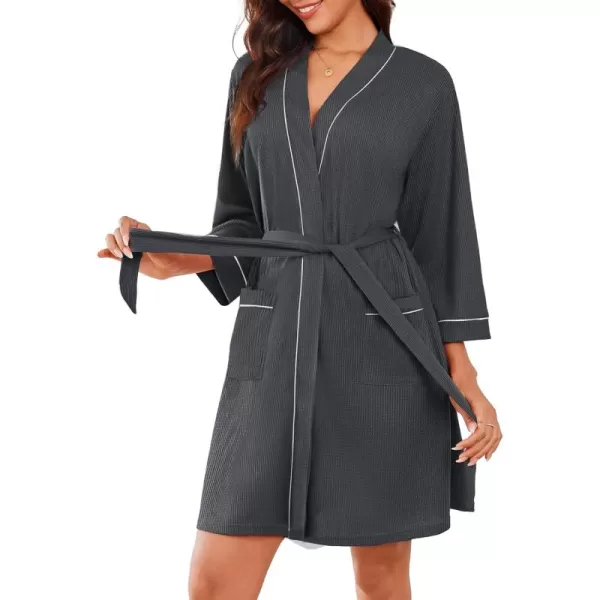 imageEkouaer Women Robes Waffle Knee Length Bathrobe Lightweight Soft Sleepwear V neck 34 Sleeve Casual Ladies Loungewear SXXLGrey