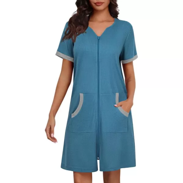 imageEkouaer Women Zipper Robe Waffle Short Sleeve Bathrobes Lightweight Knee Length Housecoat with Pockets S3XLDark Blue