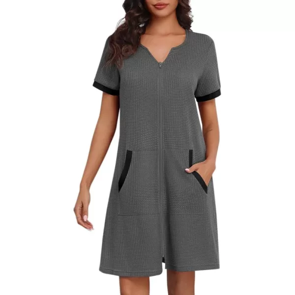 imageEkouaer Women Zipper Robe Waffle Short Sleeve Bathrobes Lightweight Knee Length Housecoat with Pockets S3XLDark Gray