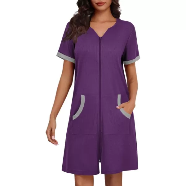 imageEkouaer Women Zipper Robe Waffle Short Sleeve Bathrobes Lightweight Knee Length Housecoat with Pockets S3XLDark Purple