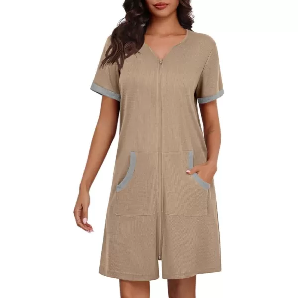 imageEkouaer Women Zipper Robe Waffle Short Sleeve Bathrobes Lightweight Knee Length Housecoat with Pockets S3XLKhaki