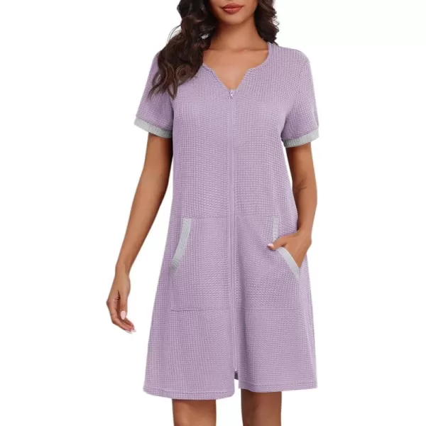 imageEkouaer Women Zipper Robe Waffle Short Sleeve Bathrobes Lightweight Knee Length Housecoat with Pockets S3XLLavender