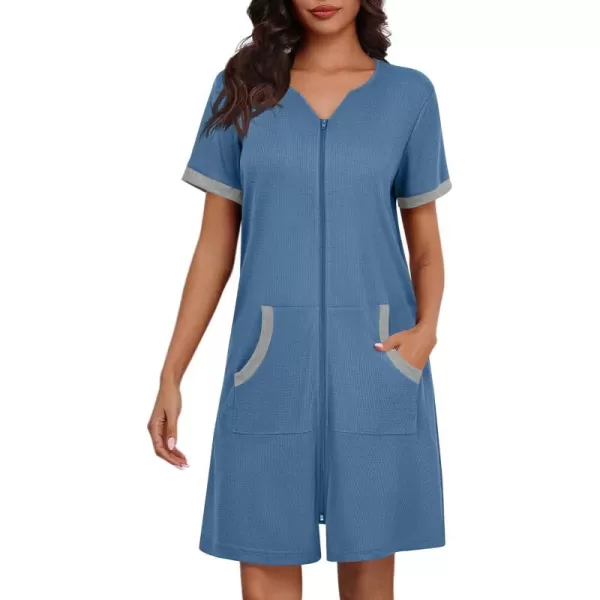 imageEkouaer Women Zipper Robe Waffle Short Sleeve Bathrobes Lightweight Knee Length Housecoat with Pockets S3XLNavy