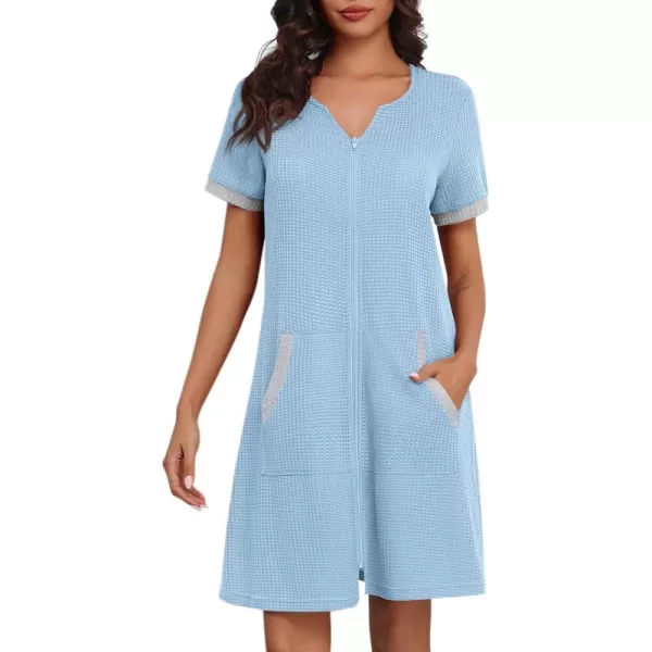 imageEkouaer Women Zipper Robe Waffle Short Sleeve Bathrobes Lightweight Knee Length Housecoat with Pockets S3XLPale Blue