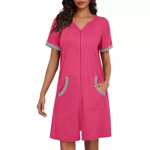 imageEkouaer Women Zipper Robe Waffle Short Sleeve Bathrobes Lightweight Knee Length Housecoat with Pockets S3XLRose