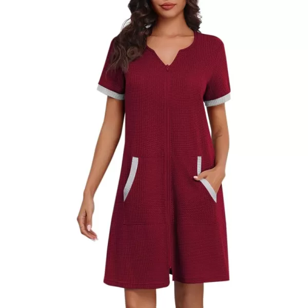 imageEkouaer Women Zipper Robe Waffle Short Sleeve Bathrobes Lightweight Knee Length Housecoat with Pockets S3XLWine Red