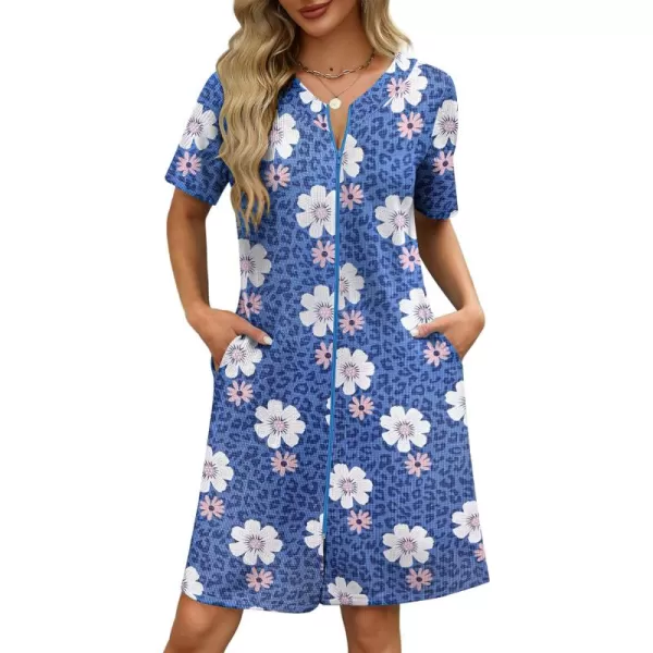 imageEkouaer Women Zipper Robes Waffle Short Bathrobe Lightweight House Coat with Pockets Soft Nightgown S3XLBlue Leopard Floral