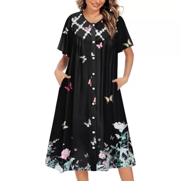 imageEkouaer Womens Button Down Nightgown Short Sleeve House Dress Short House Coat with Pockets S4XLBlack Butterfly