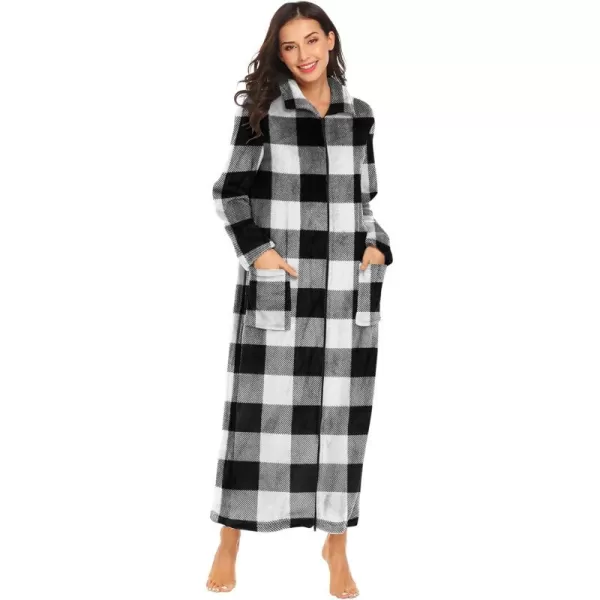 imageEkouaer Womens Flannel Robe Zipper Front Robes Full Length BathrobeSXXLBlack  White Plaid