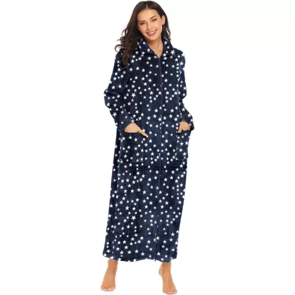 imageEkouaer Womens Flannel Robe Zipper Front Robes Full Length BathrobeSXXLDark BlueWhite Stars