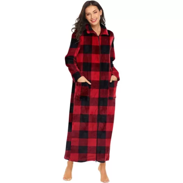 imageEkouaer Womens Flannel Robe Zipper Front Robes Full Length BathrobeSXXLRed  Black Plaid