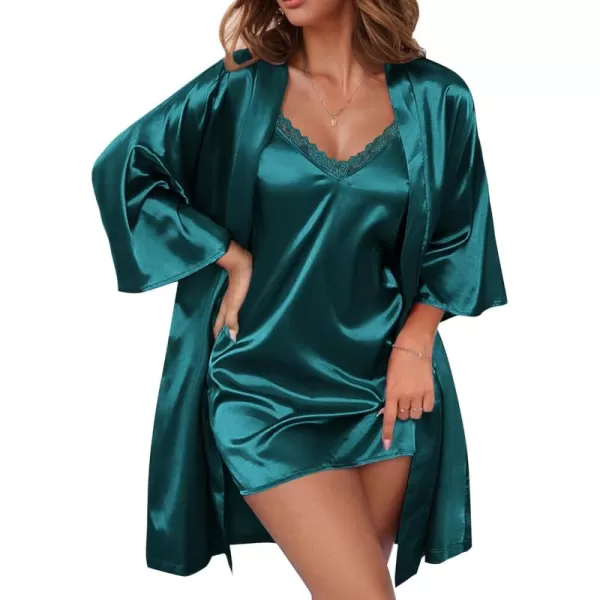 imageEkouaer Womens Satin Robe Set Lace Sexy Lingerie Robe Wedding Nightgown 2pcs Cami Bride Party Silk Pajamas SetBlue Green