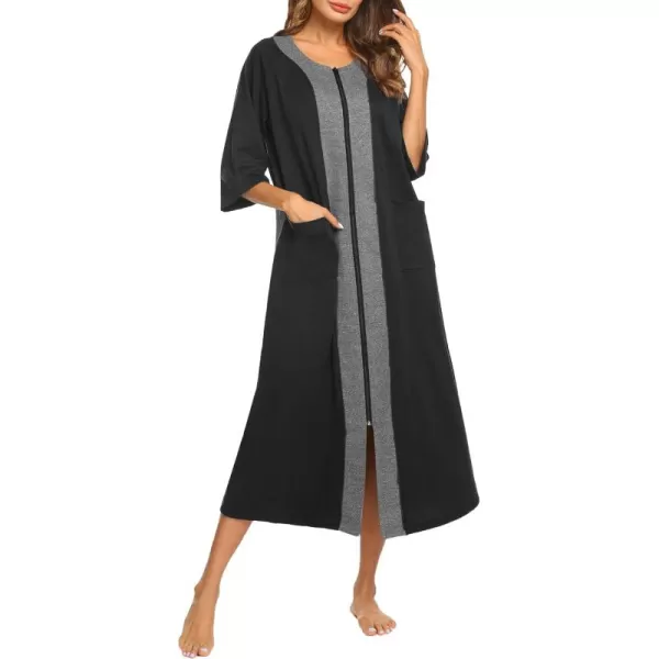 imageEkouaer Womens Zipper Robe 34 Sleeve Housecoats Full Length House Dress Loungewear Long Nightgown with PocketsBlack