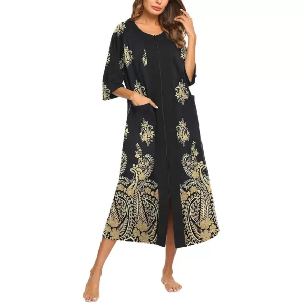 imageEkouaer Womens Zipper Robe 34 Sleeve Housecoats Full Length House Dress Loungewear Long Nightgown with PocketsBlack Cashew Flower