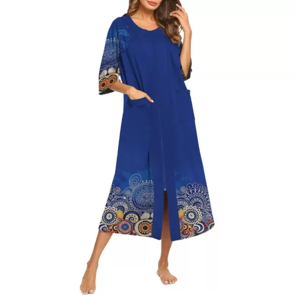 imageEkouaer Womens Zipper Robe 34 Sleeve Housecoats Full Length House Dress Loungewear Long Nightgown with PocketsBlue Mandala