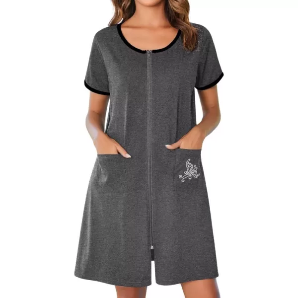 imageEkouaer Zip Up Robes for Women Short Sleeves Zipper House Coat Short Bathrobes Lightweight Nightgown with Pockets S3XLDark Gray