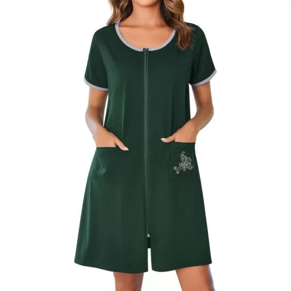 imageEkouaer Zip Up Robes for Women Short Sleeves Zipper House Coat Short Bathrobes Lightweight Nightgown with Pockets S3XLDark Green