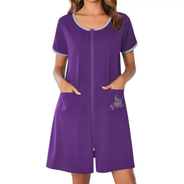 imageEkouaer Zip Up Robes for Women Short Sleeves Zipper House Coat Short Bathrobes Lightweight Nightgown with Pockets S3XLDark Purple