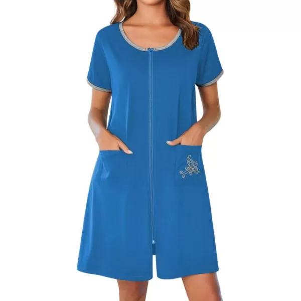 imageEkouaer Zip Up Robes for Women Short Sleeves Zipper House Coat Short Bathrobes Lightweight Nightgown with Pockets S3XLDeep Sky Blue