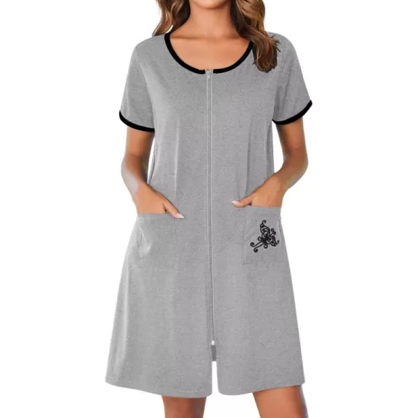 imageEkouaer Zip Up Robes for Women Short Sleeves Zipper House Coat Short Bathrobes Lightweight Nightgown with Pockets S3XLLight Gray