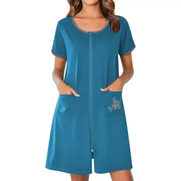 imageEkouaer Zip Up Robes for Women Short Sleeves Zipper House Coat Short Bathrobes Lightweight Nightgown with Pockets S3XLPeacock Blue