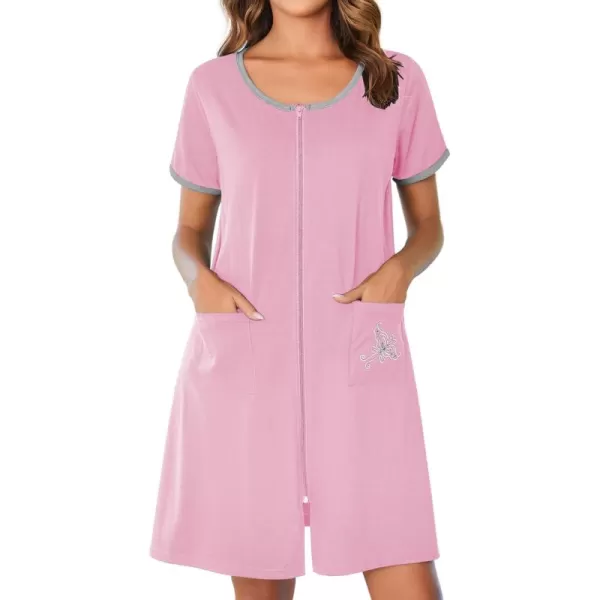 imageEkouaer Zip Up Robes for Women Short Sleeves Zipper House Coat Short Bathrobes Lightweight Nightgown with Pockets S3XLPink