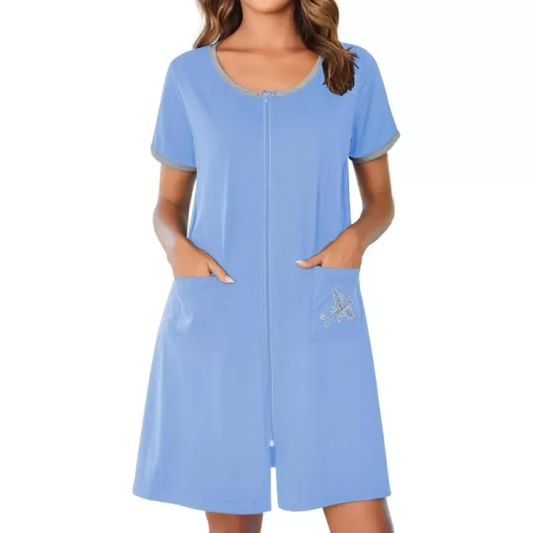 imageEkouaer Zip Up Robes for Women Short Sleeves Zipper House Coat Short Bathrobes Lightweight Nightgown with Pockets S3XLSky Blue