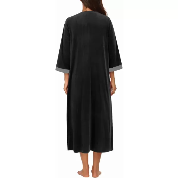 imageEkouaer Robe for Women Velour Zipper Robe 34 Sleeves Housecoat Full Length Loungewear Long Bathrobe with PocketsVelourblack