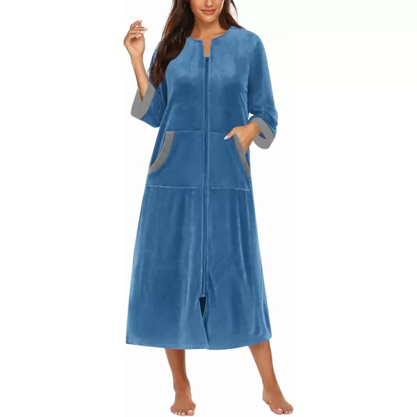 imageEkouaer Robe for Women Velour Zipper Robe 34 Sleeves Housecoat Full Length Loungewear Long Bathrobe with PocketsVelourblue