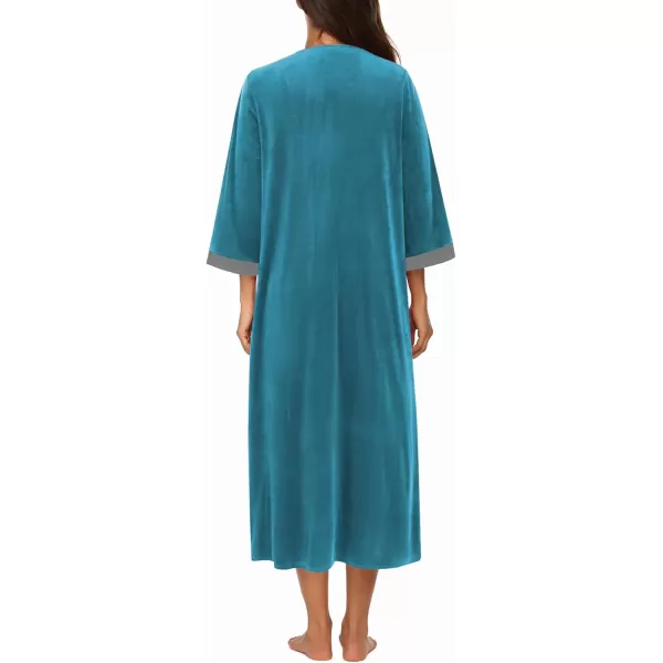 imageEkouaer Robe for Women Velour Zipper Robe 34 Sleeves Housecoat Full Length Loungewear Long Bathrobe with PocketsVelourblue Green