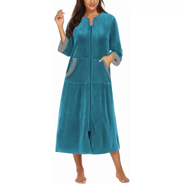 imageEkouaer Robe for Women Velour Zipper Robe 34 Sleeves Housecoat Full Length Loungewear Long Bathrobe with PocketsVelourblue Green