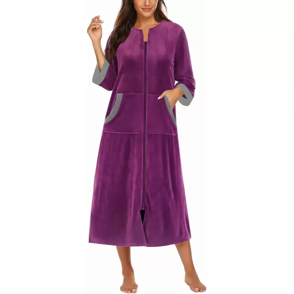 imageEkouaer Robe for Women Velour Zipper Robe 34 Sleeves Housecoat Full Length Loungewear Long Bathrobe with PocketsVelourdeep Purple