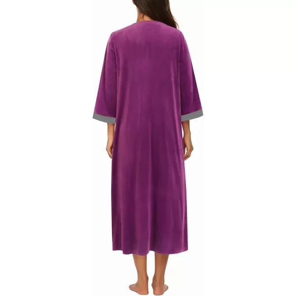 imageEkouaer Robe for Women Velour Zipper Robe 34 Sleeves Housecoat Full Length Loungewear Long Bathrobe with PocketsVelourdeep Purple