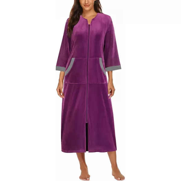 imageEkouaer Robe for Women Velour Zipper Robe 34 Sleeves Housecoat Full Length Loungewear Long Bathrobe with PocketsVelourdeep Purple