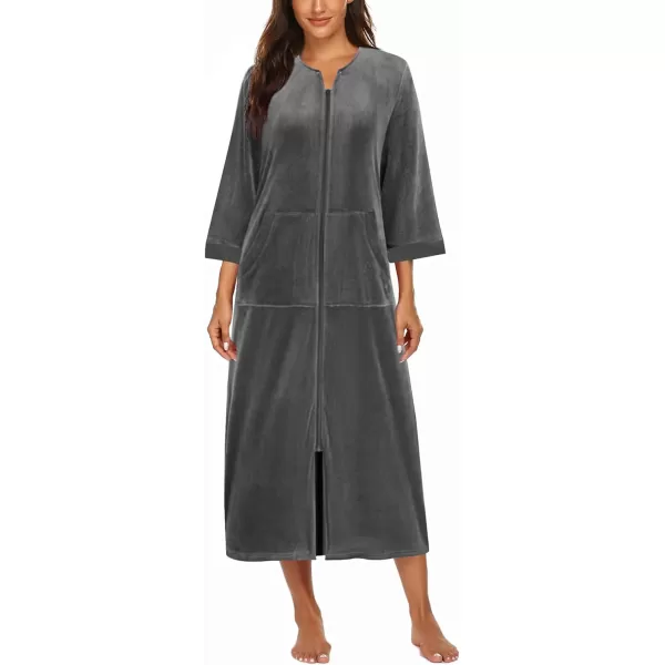 imageEkouaer Robe for Women Velour Zipper Robe 34 Sleeves Housecoat Full Length Loungewear Long Bathrobe with PocketsVelourgrey