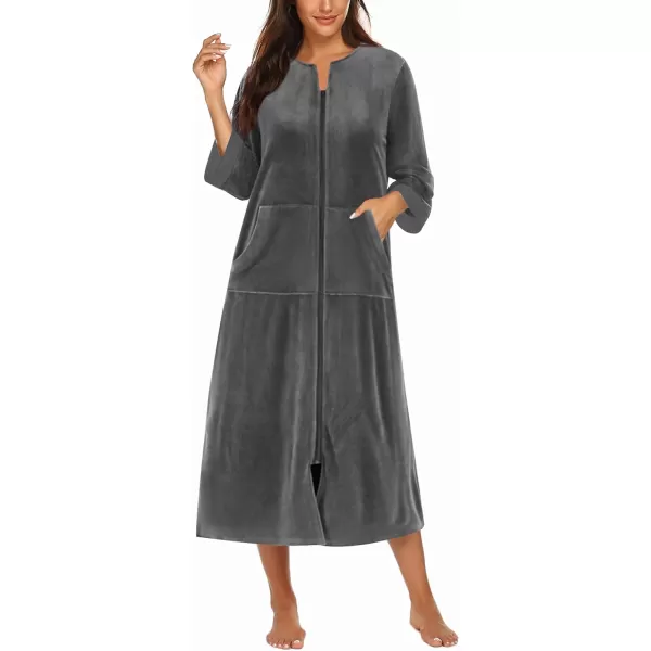 imageEkouaer Robe for Women Velour Zipper Robe 34 Sleeves Housecoat Full Length Loungewear Long Bathrobe with PocketsVelourgrey