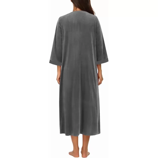 imageEkouaer Robe for Women Velour Zipper Robe 34 Sleeves Housecoat Full Length Loungewear Long Bathrobe with PocketsVelourgrey