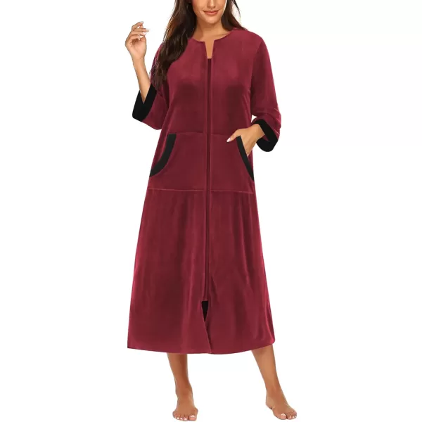 imageEkouaer Robe for Women Velour Zipper Robe 34 Sleeves Housecoat Full Length Loungewear Long Bathrobe with PocketsVelourred