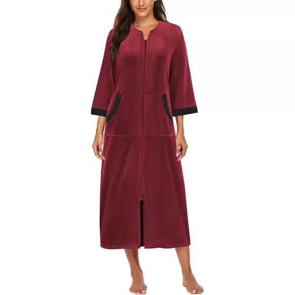 imageEkouaer Robe for Women Velour Zipper Robe 34 Sleeves Housecoat Full Length Loungewear Long Bathrobe with PocketsVelourred