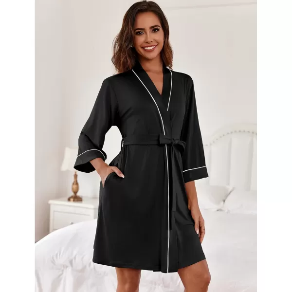 imageEkouaer Women Kimono Robes Knee Length Knit Bathrobe Lightweight Soft Sleepwear Vneck Casual Ladies Loungewear1black