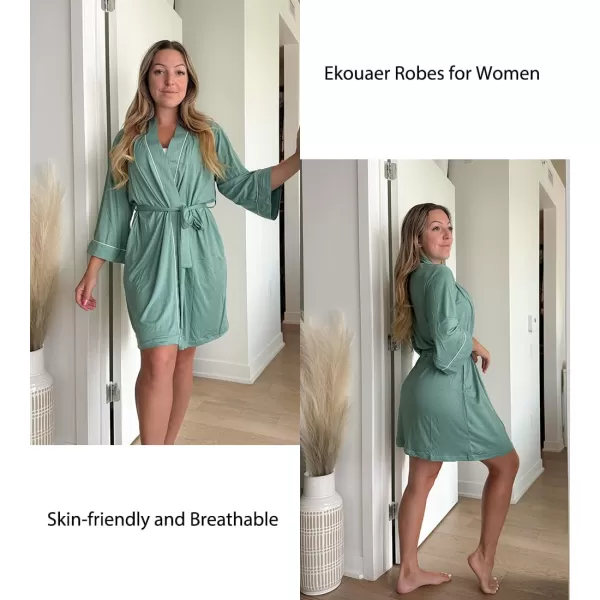 imageEkouaer Women Kimono Robes Knee Length Knit Bathrobe Lightweight Soft Sleepwear Vneck Casual Ladies Loungewear1celadon Green