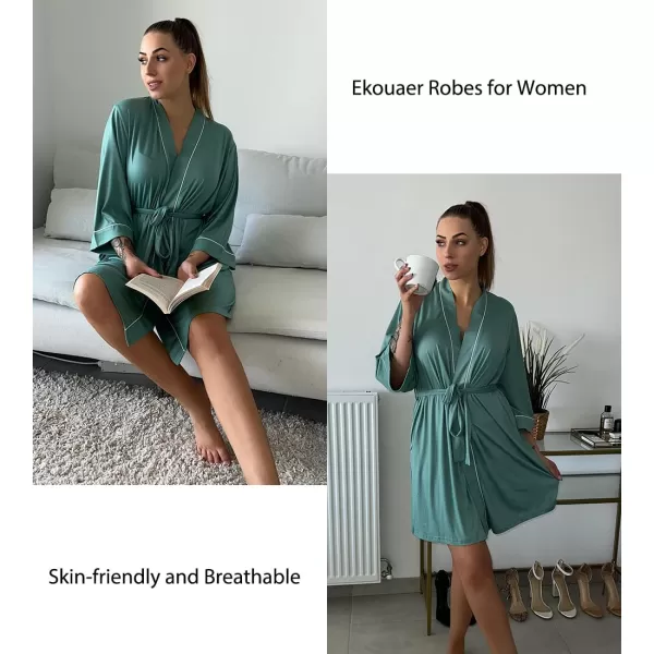 imageEkouaer Women Kimono Robes Knee Length Knit Bathrobe Lightweight Soft Sleepwear Vneck Casual Ladies Loungewear1celadon Green