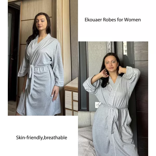 imageEkouaer Women Kimono Robes Knee Length Knit Bathrobe Lightweight Soft Sleepwear Vneck Casual Ladies Loungewear1light Gray