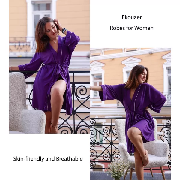 imageEkouaer Women Kimono Robes Knee Length Knit Bathrobe Lightweight Soft Sleepwear Vneck Casual Ladies Loungewear1purple