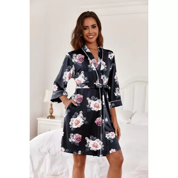 imageEkouaer Women Kimono Robes Knee Length Knit Bathrobe Lightweight Soft Sleepwear Vneck Casual Ladies LoungewearBlack Floral