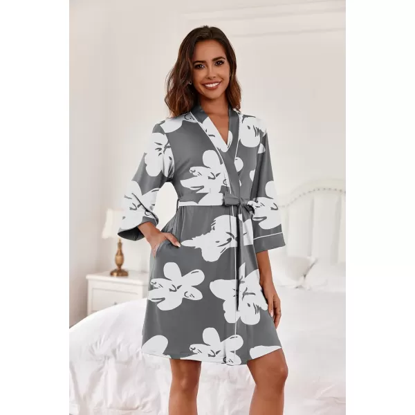 imageEkouaer Women Kimono Robes Knee Length Knit Bathrobe Lightweight Soft Sleepwear Vneck Casual Ladies LoungewearGrey Floral