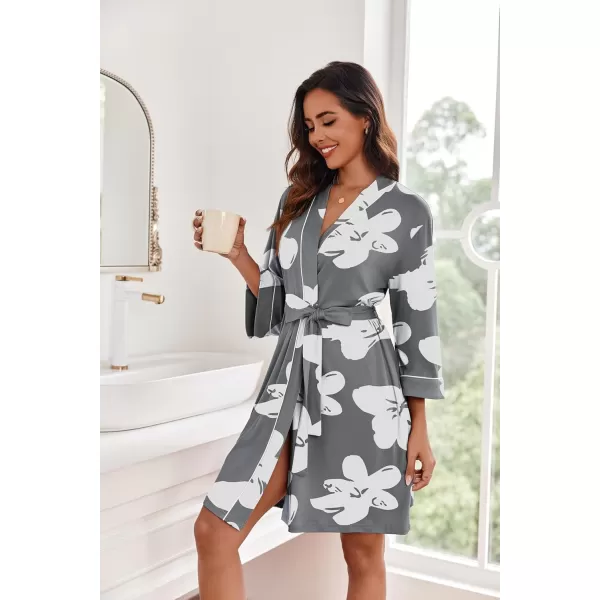 imageEkouaer Women Kimono Robes Knee Length Knit Bathrobe Lightweight Soft Sleepwear Vneck Casual Ladies LoungewearGrey Floral