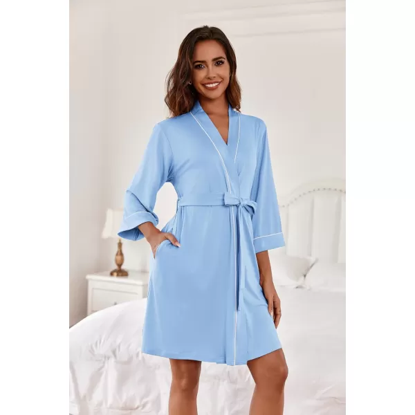 imageEkouaer Women Kimono Robes Knee Length Knit Bathrobe Lightweight Soft Sleepwear Vneck Casual Ladies LoungewearLight Blue