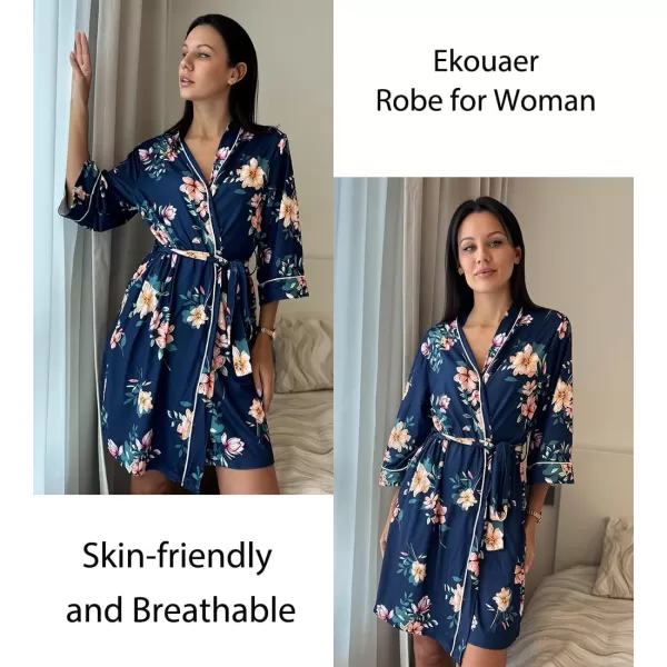 imageEkouaer Women Kimono Robes Knee Length Knit Bathrobe Lightweight Soft Sleepwear Vneck Casual Ladies LoungewearNavy Blue Floral